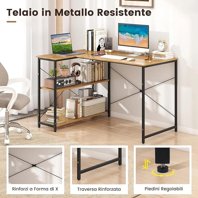 Scrivania Angolare a Forma di L, Scrivania ad Angolo Salvaspazio e Reversibile con Ripiano Regolabile e Struttura in Metallo Resistente, Tavolo per Ufficio e Casa (Legno)