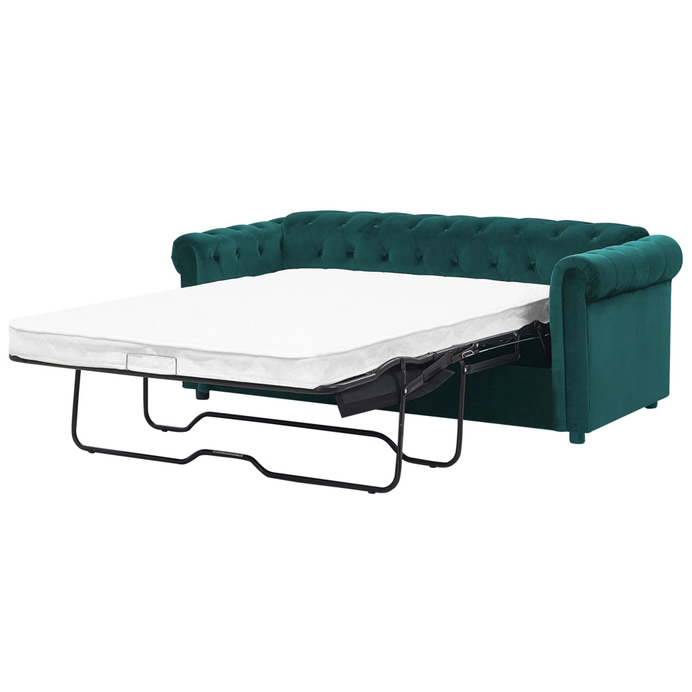 Divano Letto Chesterfield Tessuto Velluto Verde Rivestimento Gambe In Legno Scuro 3 Posti Con Cuscini Materasso Contemporaneo