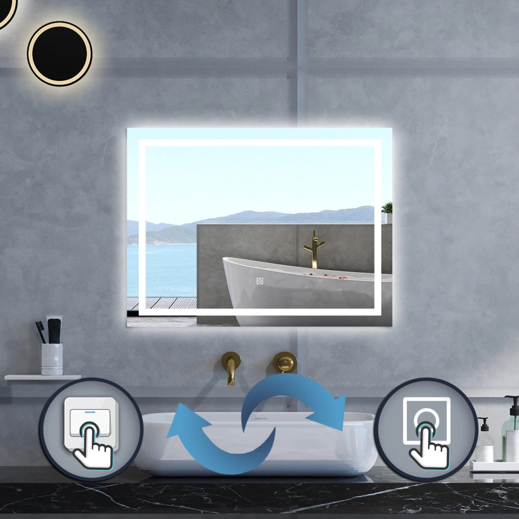 Specchio da bagno Rettangolare con 120x80cm,3 colori,Memoria, Antifog,Regorabile,Retroilluminato,doppio interruttore,