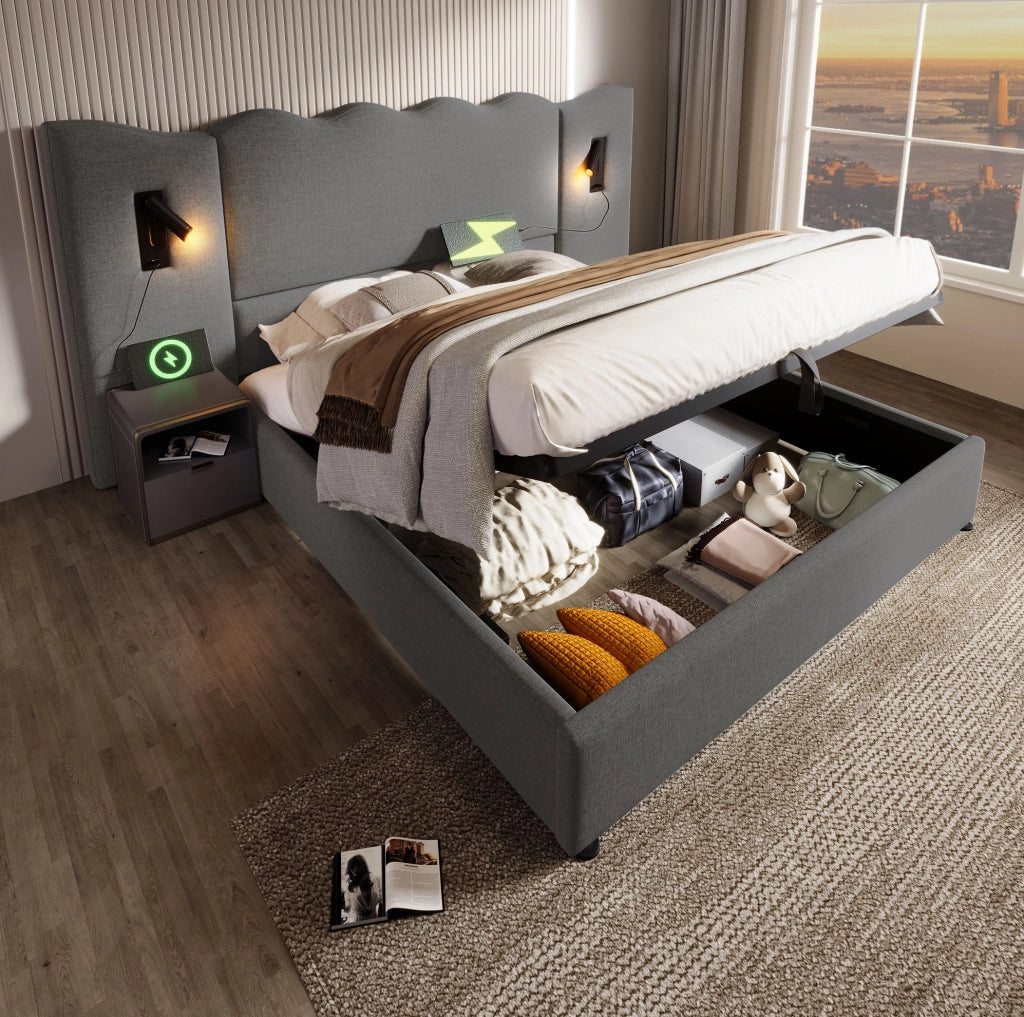 Letto imbottito 180 x 200 cm grigio con vano contenitore, luce e ricarica USB-C