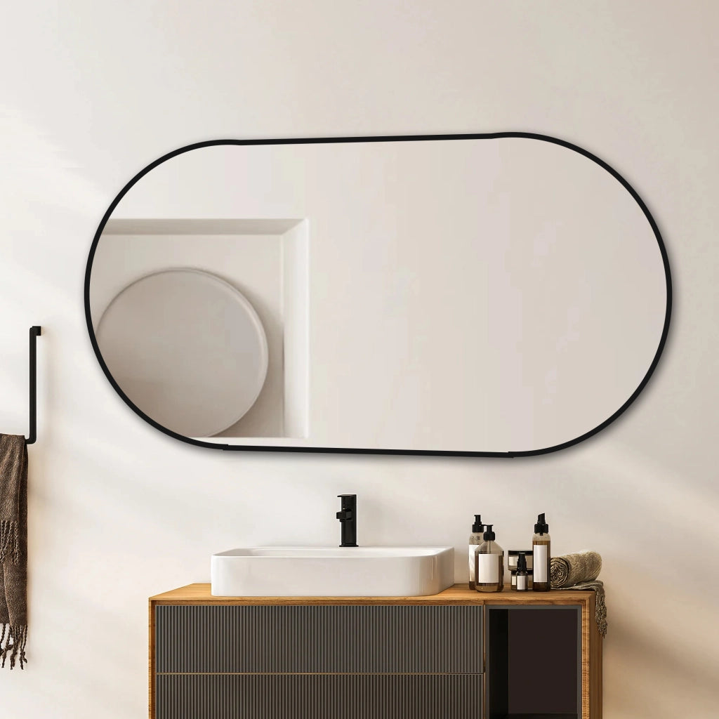 SPECCHIO ad arco 60x120 cm con cornice in alluminio nero, installazione verticale o orizzontale