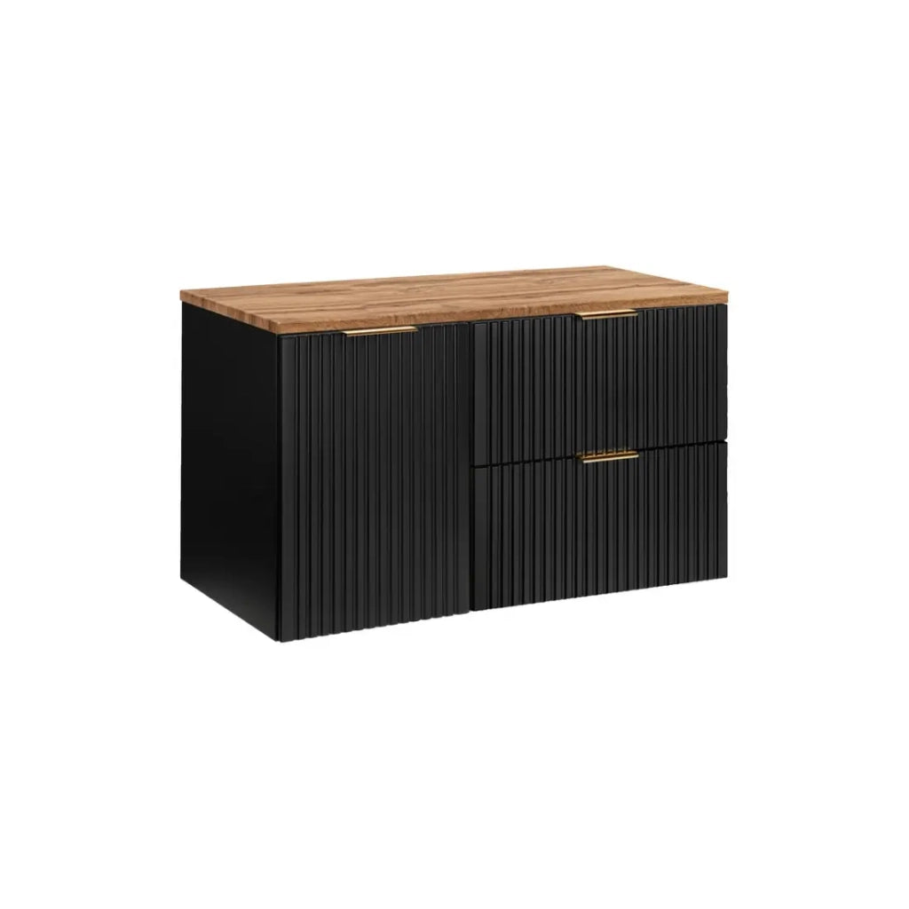 Mobile sottolavabo NOXERA 100 cm – Nero opaco & rovere – 2 cassetti + cestino + piano per lavabo