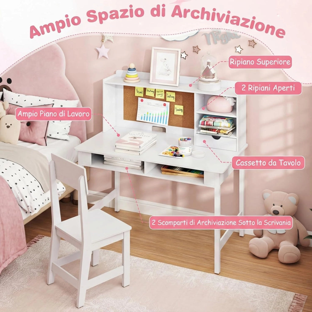 Set Scrivania e Sedia per Bambini, Tavolo per Studenti in Legno con Bacheca in Sughero, Cassetto, Pensile con Ripiani Aperti, Postazione Computer per Bambini per Studio e Lettura (Bianco)