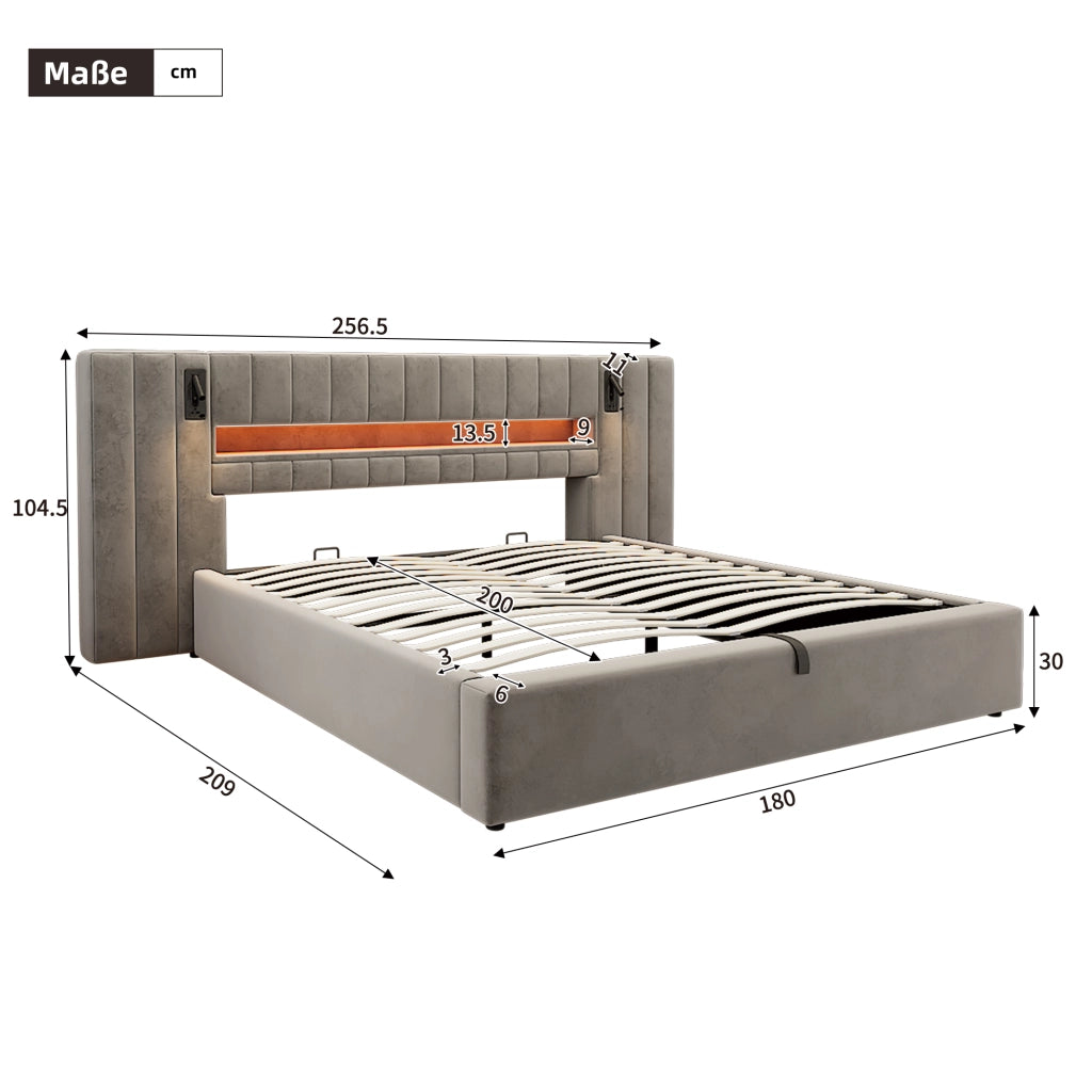 Letto imbottito 180 x 200 cm con USB, LED, lampada da comodino e contenitore, in velluto grigio