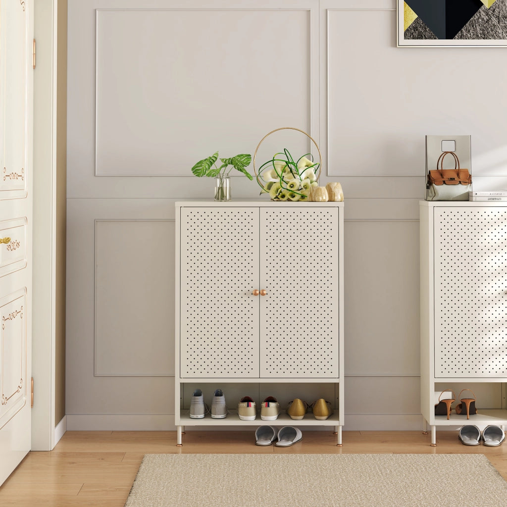 Scarpiera Coleraine con 2 Ante 3 Ripiani Regolabili e Scomparto Aperto 115 x 80 x 35 - Acciaio Bianco Crema [en.casa]