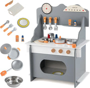 Cucina Giocattolo in Legno per Bambini, Set Gioco di Finzione con Orologio, Fornello, Porta Spezie e Accessori Completi, per Bambini 3+ Anni, 52 x 29,5 x 71 cm (Grigio + Bianco)