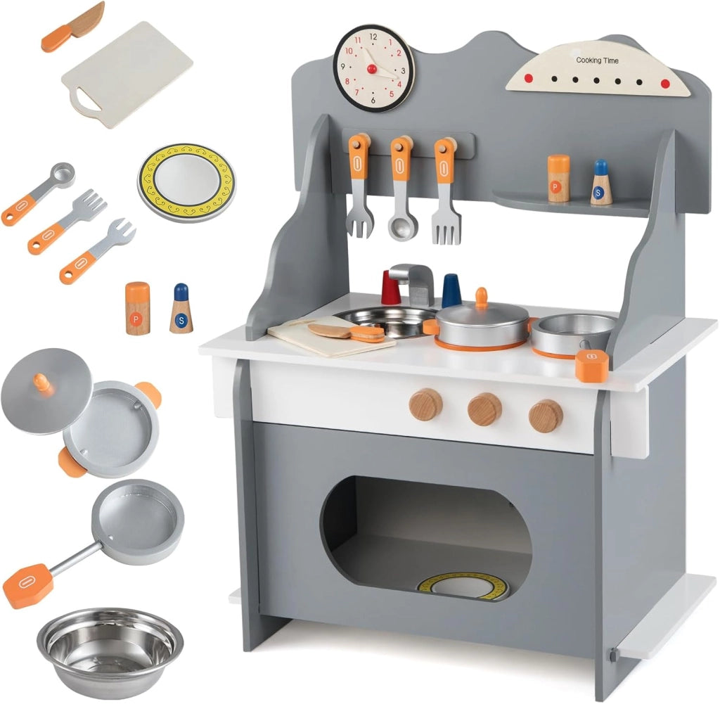 Cucina Giocattolo in Legno per Bambini, Set Gioco di Finzione con Orologio, Fornello, Porta Spezie e Accessori Completi, per Bambini 3+ Anni, 52 x 29,5 x 71 cm (Grigio + Bianco)