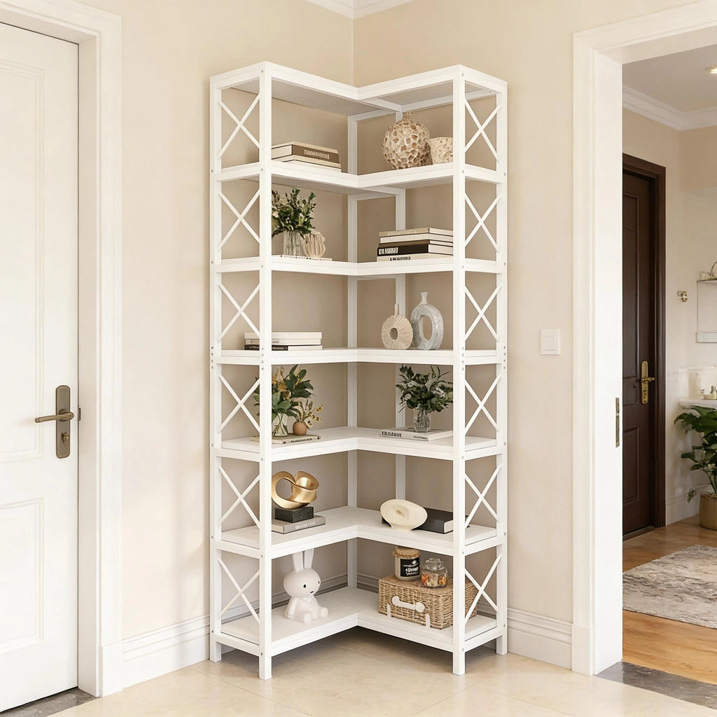 LIBRERIA ANGOLARE 117x29x30 cm Bianca in metallo e legno 7 ripiani