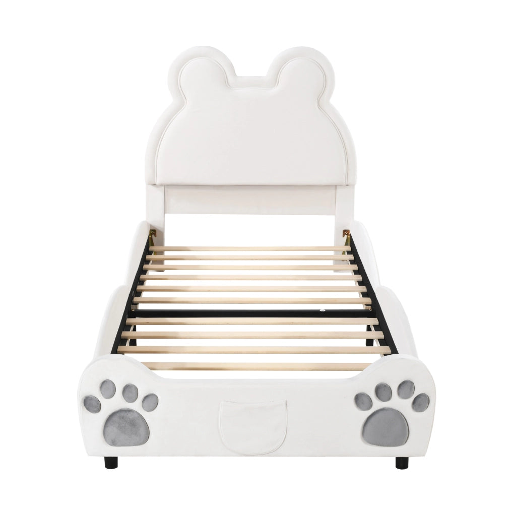 Letto imbottito per bambini a forma di orso 90x200 cm in velluto bianco