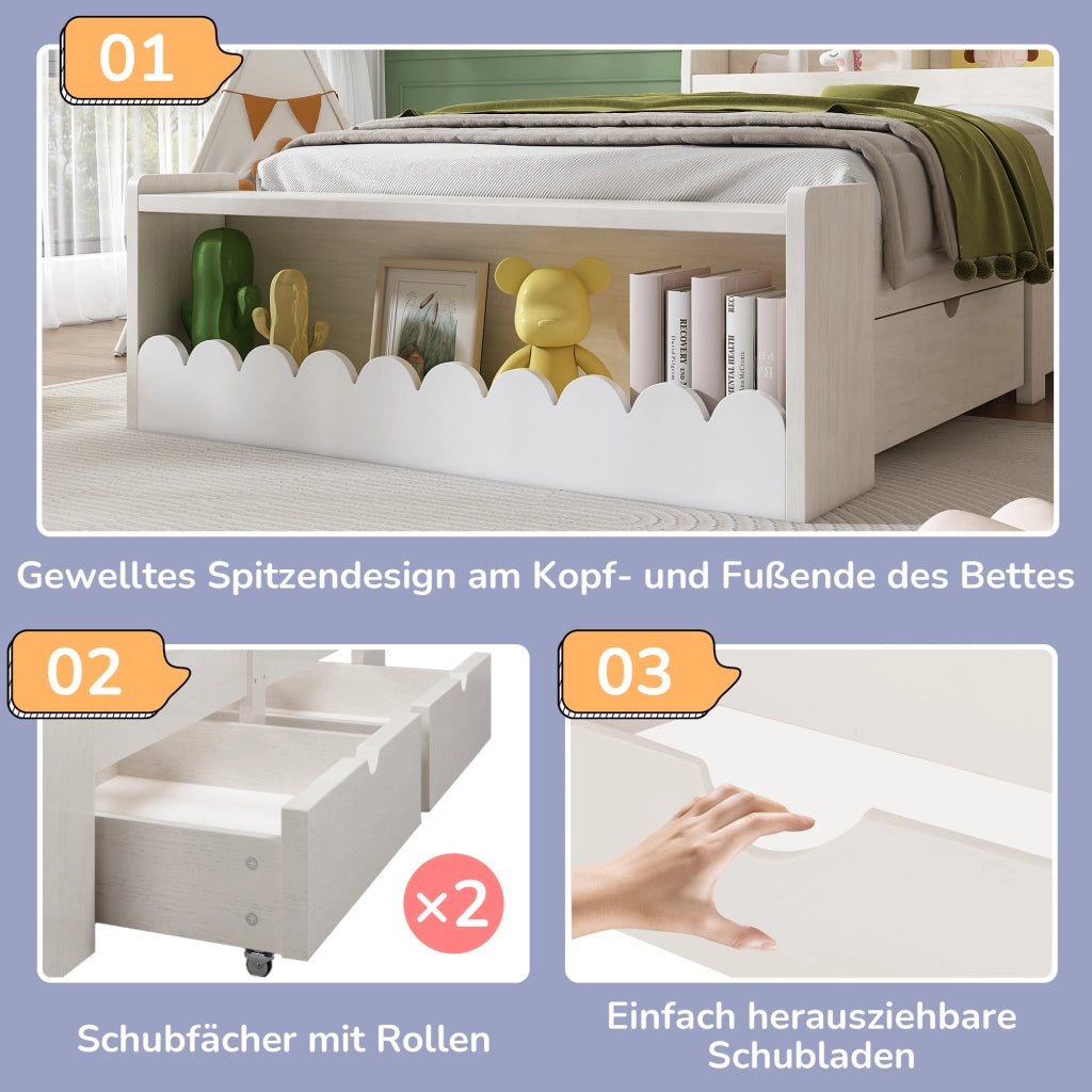 OKWISH Letto Bambino 90×200 cm, Letto Singolo con 2 Cassetti, Mensole e Panca Contenitore, senza Materasso, Legno e MDF, Bianco e Rovere