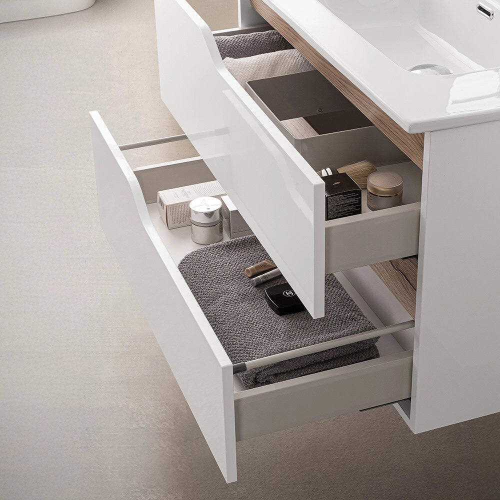 Mobile bagno sospeso 60 cm bianco e quercia con lavabo Sumya