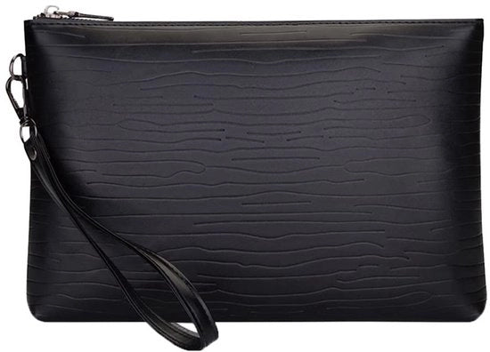 Clutch in pelle morbida, elegante con cinturino per polso, borsa per uomini, per lavoro, affari, viaggi, casual, nero, 27 cm x 2 cm x 18 cm