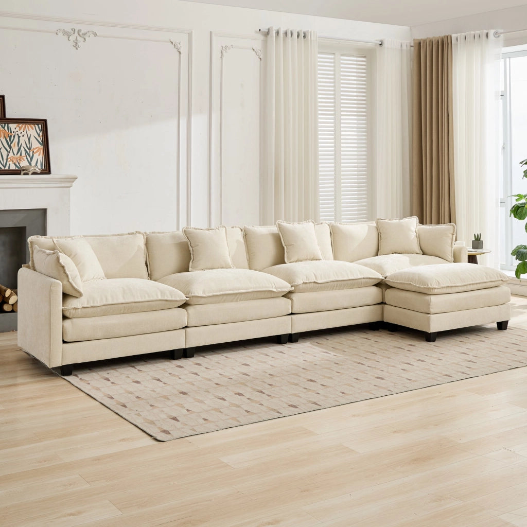 Divano modulare 4 posti con cuscini ergonomici e struttura flessibile in ciniglia beige per soggiorno 75 × 380 × 84 cm