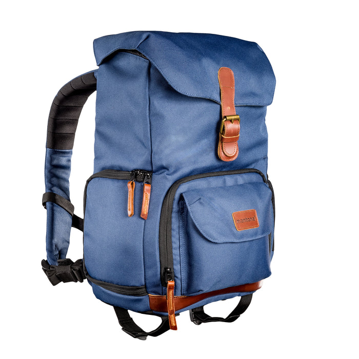 Mantona Luis junior Retro Zaino fotografico blu, per fotocamera con copertura antipioggia, borsa fotografica con scomparto per laptop, DSLR, 3 obiettivi e accessori fotografici