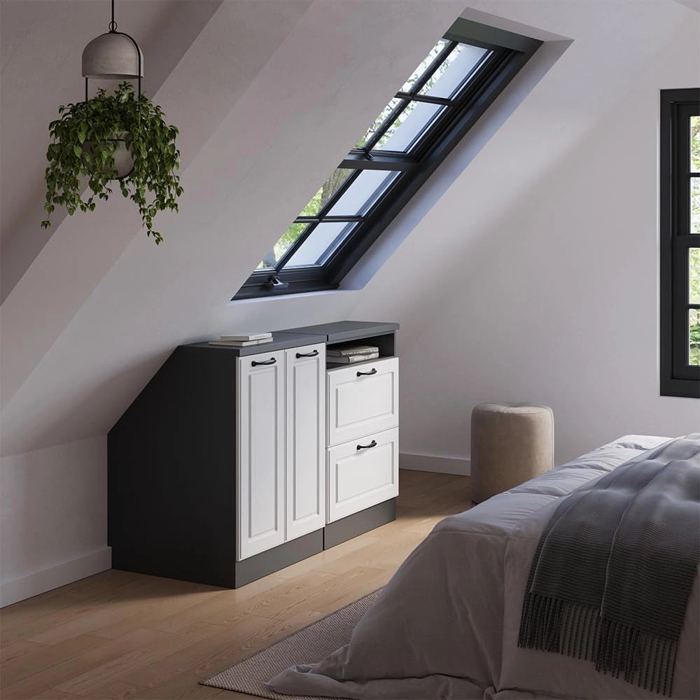 Set di mobili sottotetto Rion, Bianco casa di campagna, 120 cm Set di 2 carcasse armadio profondità 60 cm, adatto per il salvaspazio sotto tetti spioventi