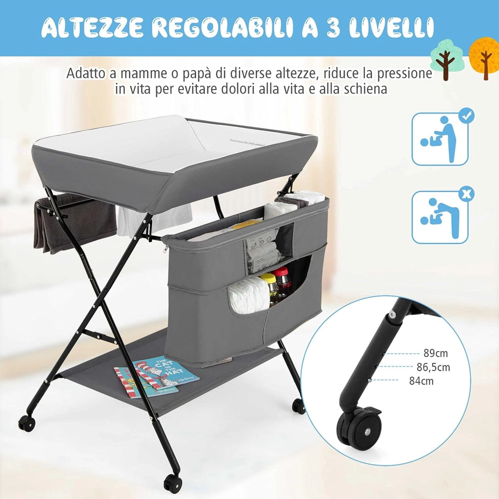 4-in-1 Fasciatoio Pieghevole con Rotelle, Altezza Regolabile, Fasciatoio Portatile con Portaoggetti Borsa e Ripiano, Fasciatoio Neonato 0-12 Mesi (Grigio)