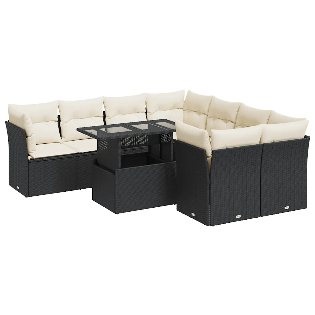 Set Divani da Giardino 9 pz con Cuscini Nero in Polyrattan