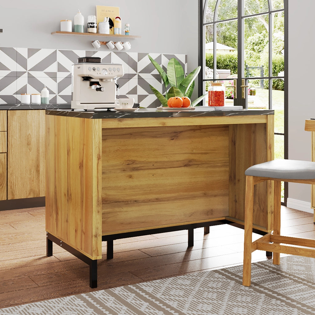 Isola da cucina in stile rustico con 2 cassetti e 4 ripiani aperti, piano effetto marmo nero, per cucina 120 × 75 × 90 cm