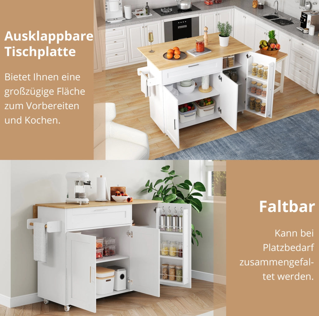 Carrello cucina con piano ribaltabile 132;5x44(70)x90 cm in MDF bianco naturale