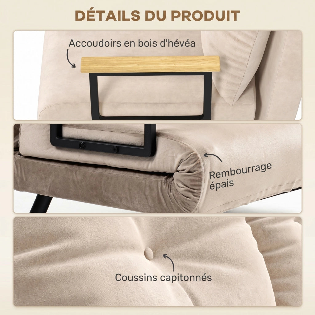 Divano letto 2 posti con cuscini e schienale regolabile ¨C zephmum ¨C effetto velluto beige