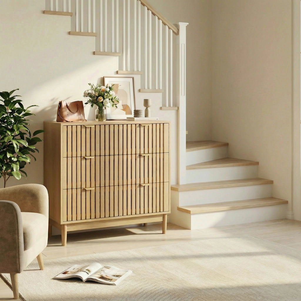Credenza moderna in stile retrò con 3 cassetti, finitura rovere, per soggiorno, camera da letto e ingresso