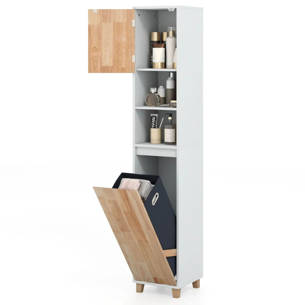 Mobile lavanderia basculante 32 x 31 x 170,5 cm con cesto estraibile design moderno in legno di caucciù bianco 20_0018677