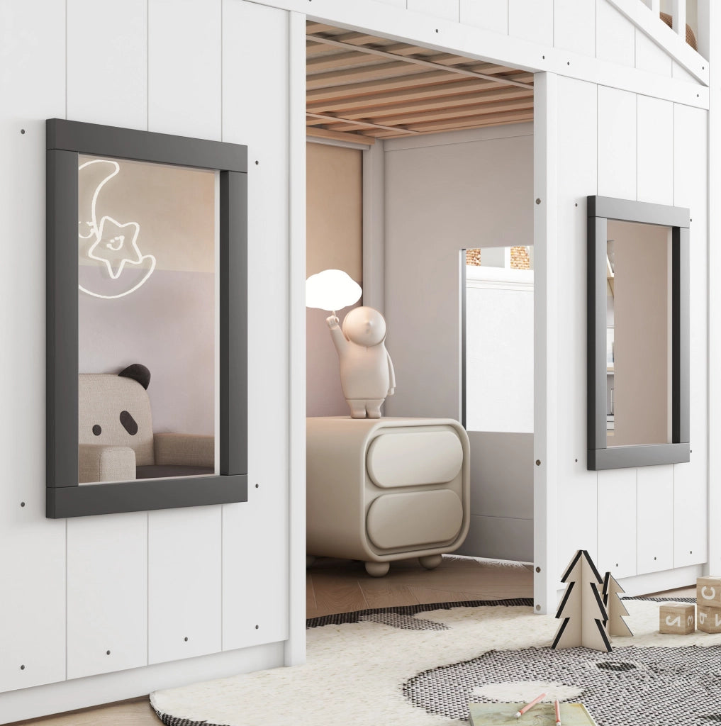 Letto a soppalco per bambini 90x200 cm bianco e grigio con scala e parapetti