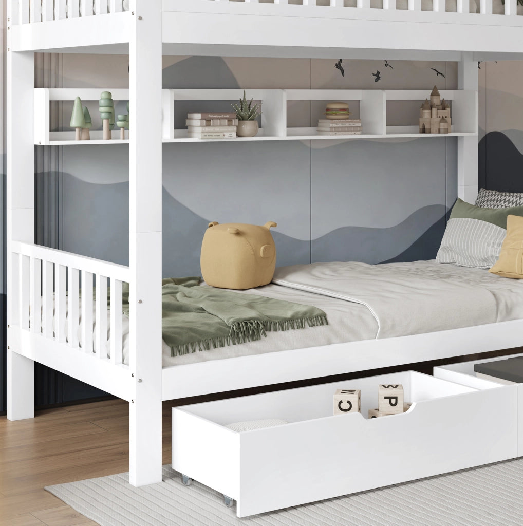 Letto a castello per bambini 90x200 cm bianco in legno di pino e MDF; con scala reversibile e spazio contenitivo