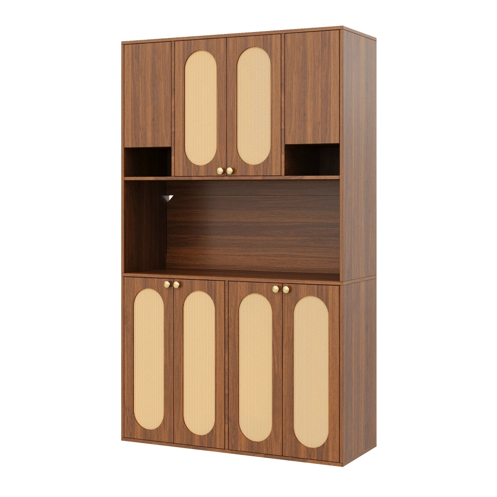 Credenza alta con 8 ante e LED, per sala da pranzo e soggiorno, in MDF e PE-rattan, naturale, 106 × 40 × 178 cm