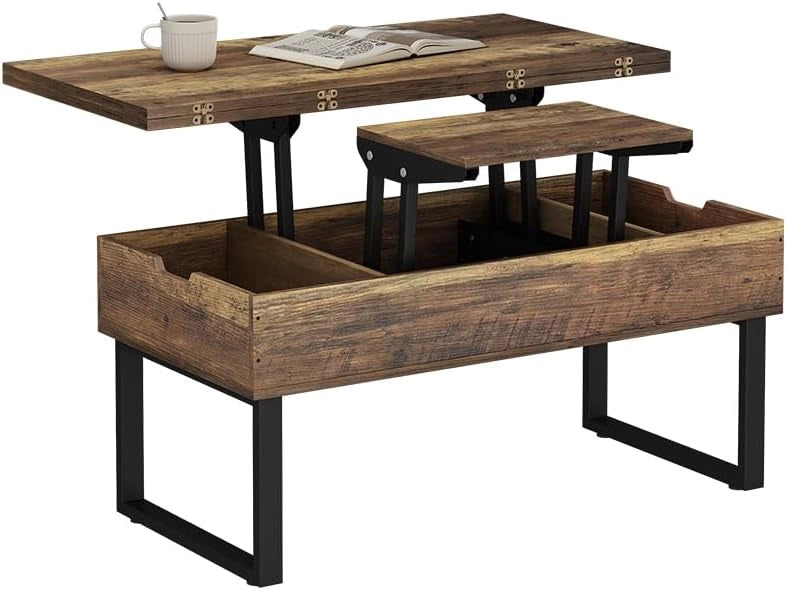 tavolino soggiorno Lifty, Rovere rustico, 100 x 50 cm con funzione di sollevamento, estendibile con piano regolabile in altezza e spazio contenitore