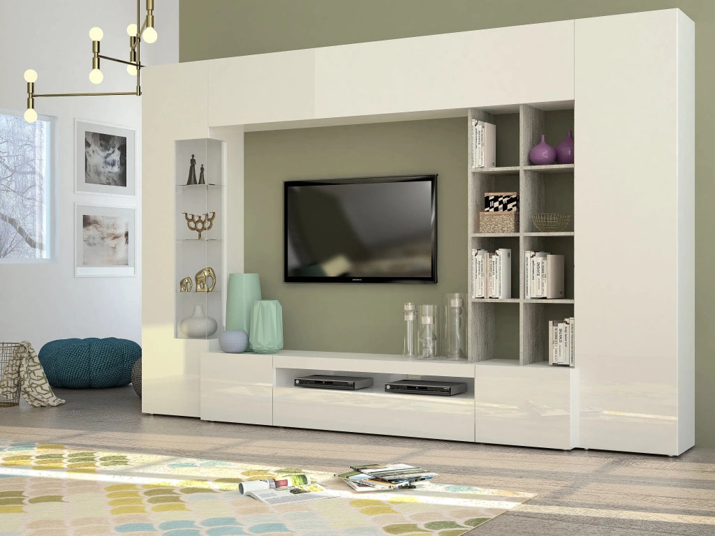 Parete attrezzata con porta TV pensile vetrina colonna bianco grigio Egypt Report