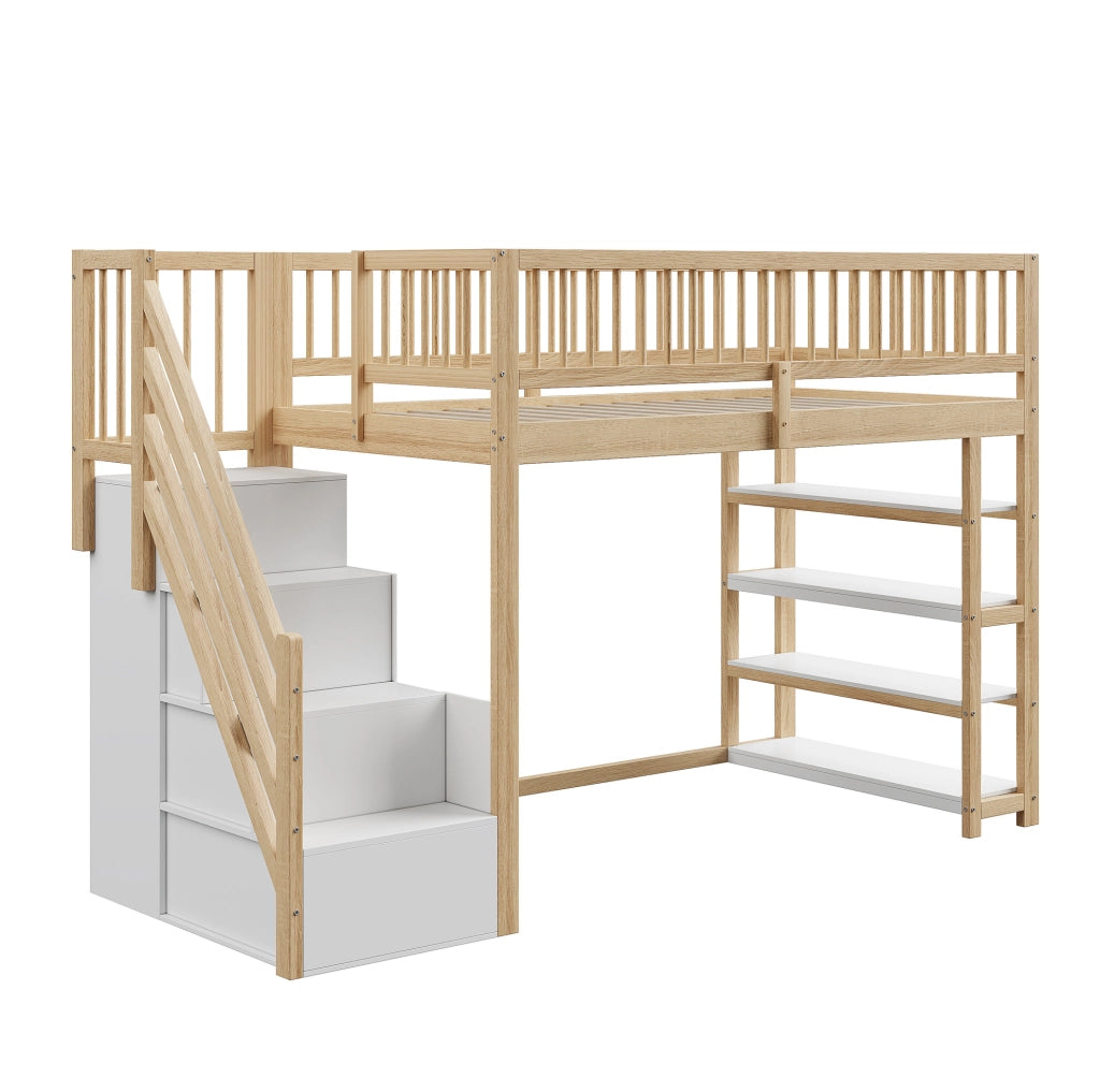 Letto a soppalco 90x200 cm in legno massiccio color legno naturale con scala e contenitore