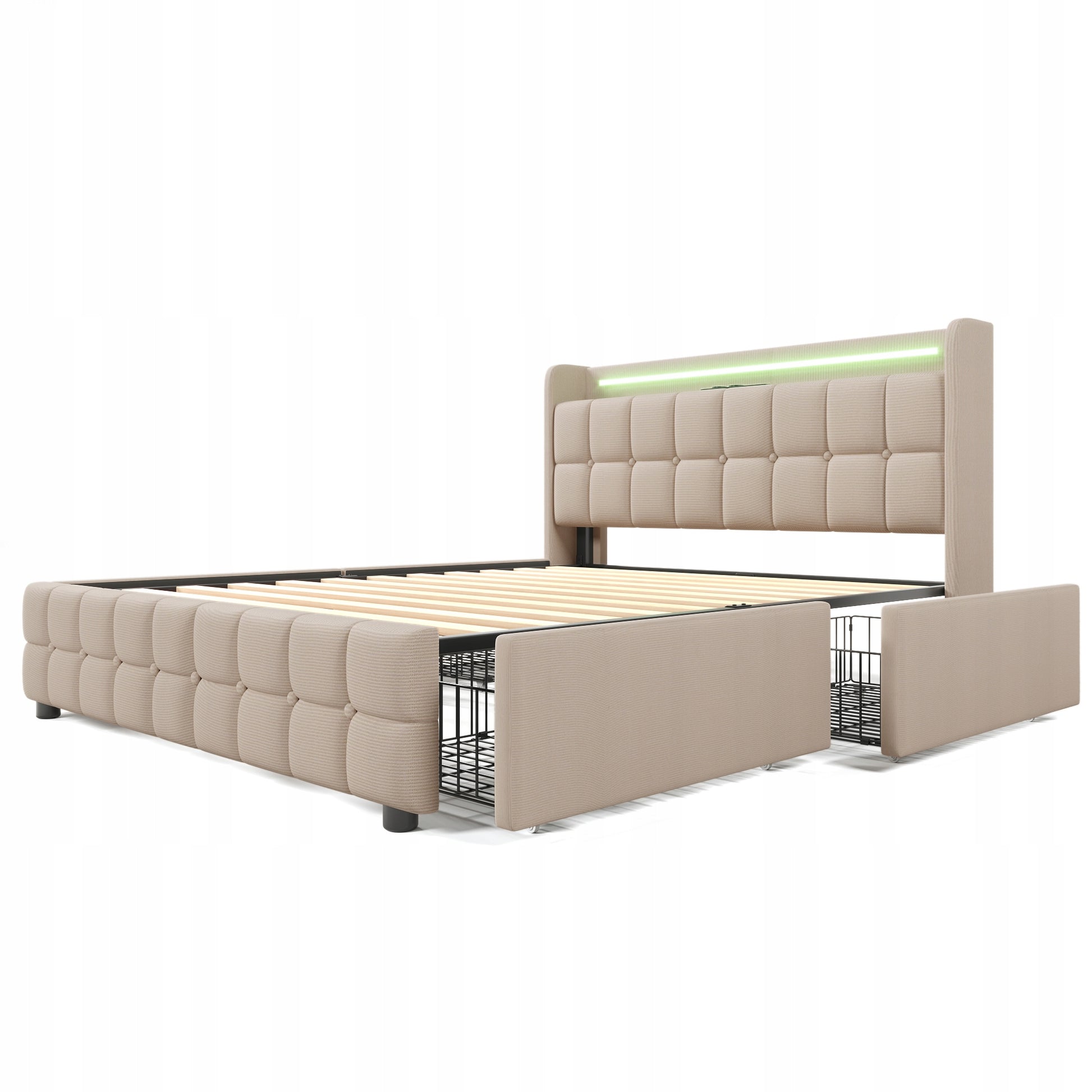 Letto matrimoniale imbottito - Xylo - 140x200 cm - Beige - Luci LED, testiera regolabile