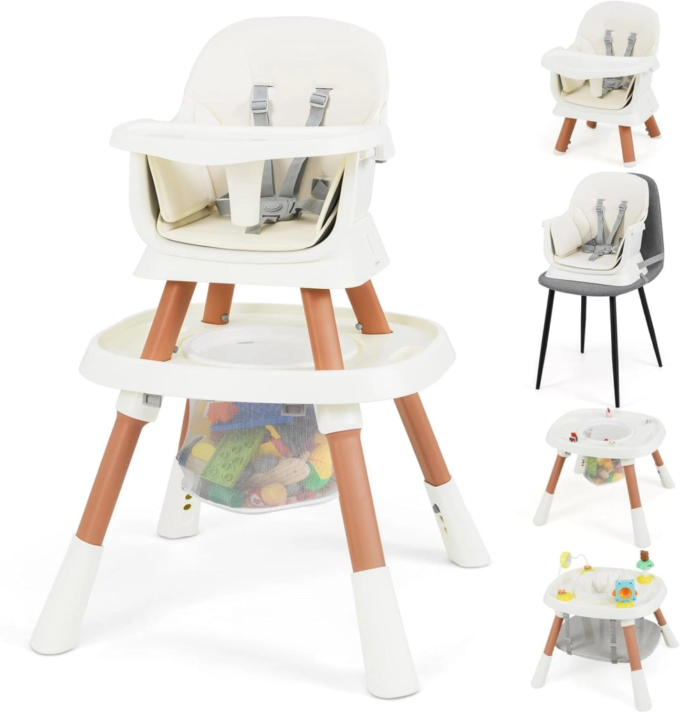Seggiolone Pappa Bambini, con Cintura e Vassoio Rimovibile (Bianco) | Sedia Evolutiva per Neonati 6-36 Mesi con Cintura e Vassoio Rimovibile, 3 Giochi e Cestino