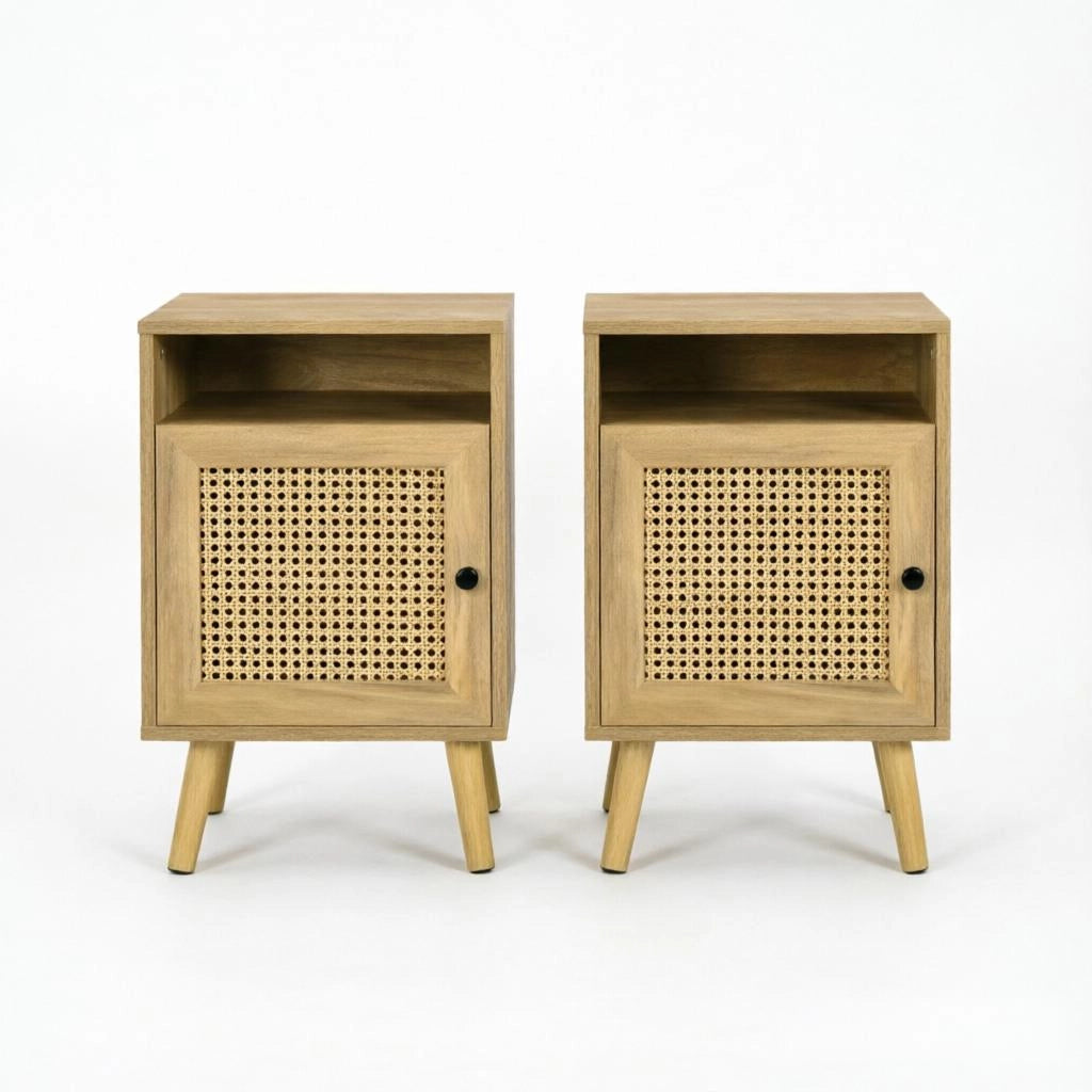 Set di 2 comodini con 1 vano aperto e anta in rattan, MDF e truciolato, per camera da letto, naturale, 39 × 35 × 60 cm