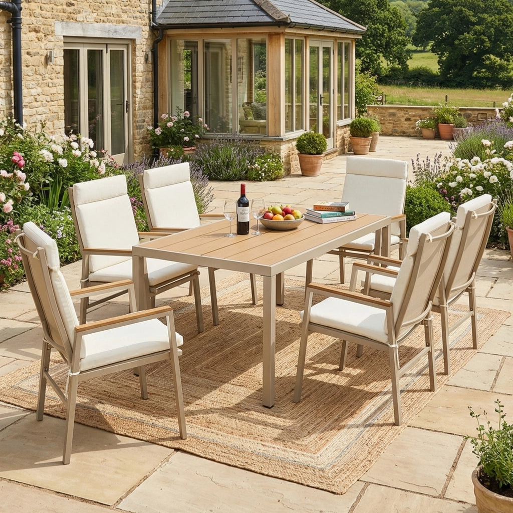 Set da pranzo da giardino set di mobili da giardino adatto a 6 persone composto da 1 tavolo e 6 sedie ferro zincato piano in legno in plastica kaki + beige