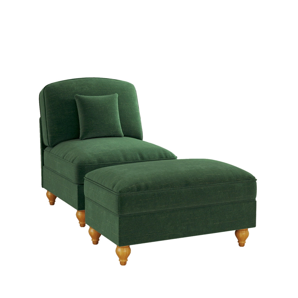 Poltrona con poggiapiedi in chenille verde con gonna rimovibile; gambe a spillo e cuscino mobile