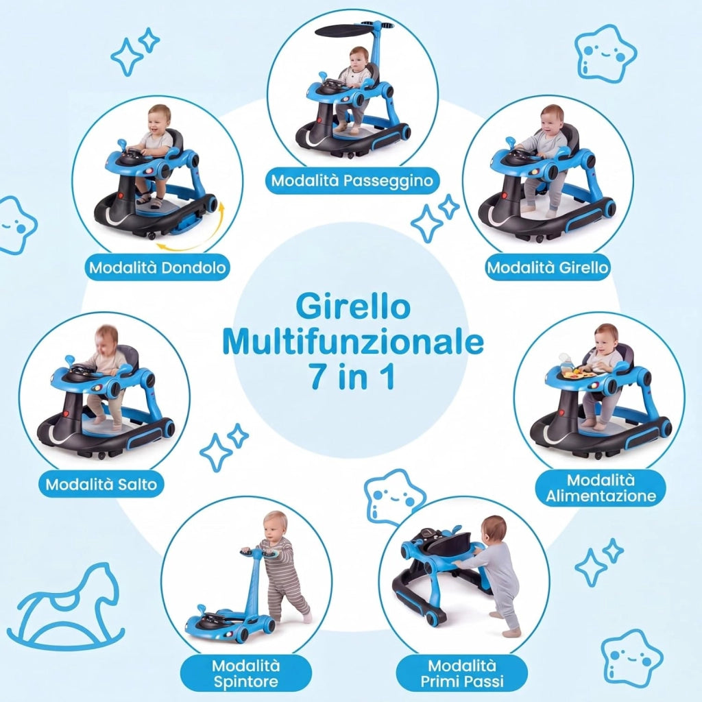 Girello per Bambini 6-in-1 Evolutivo, Centro Attività Pieghevole con Maniglia, Regolazione Altezza/Velocità, con Musica, Luci Tenda, per Neonati 6-18 Mesi (Nero+Blu)