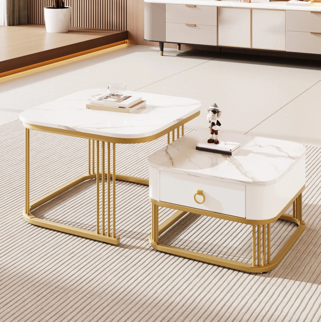 Tavolino da salotto componibile bianco e oro con cassetto