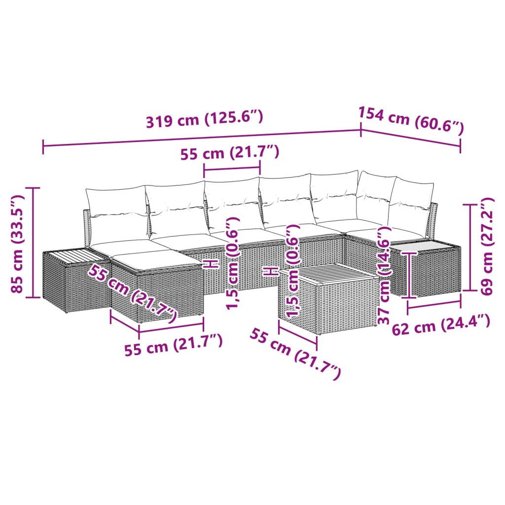 Set di divani da giardino composto da 8 pezzi con cuscini beige in polirattan e acacia