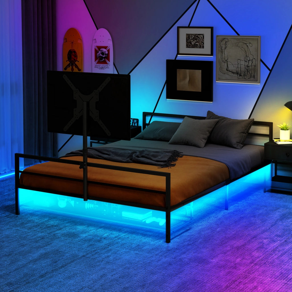 Letto in ferro nero con supporto monitor regolabile; LED e cestino portaoggetti
