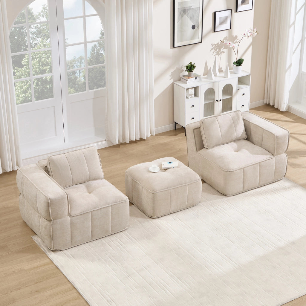 Divano modulare 2 posti con pouf e base antiscivolo per soggiorno in poliestere beige
