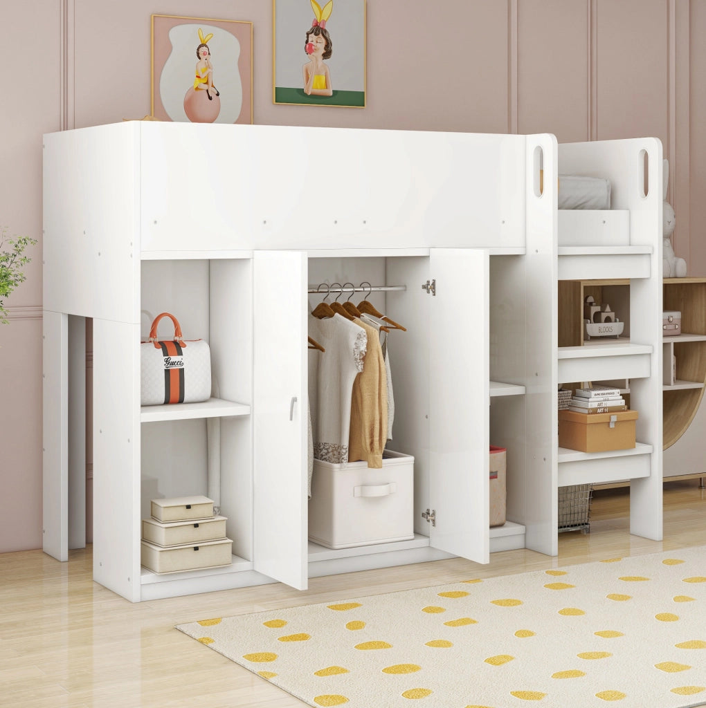 Letto a soppalco ULEVR 90x200 cm con armadio, ripiani aperti e scala, bianco e grigio