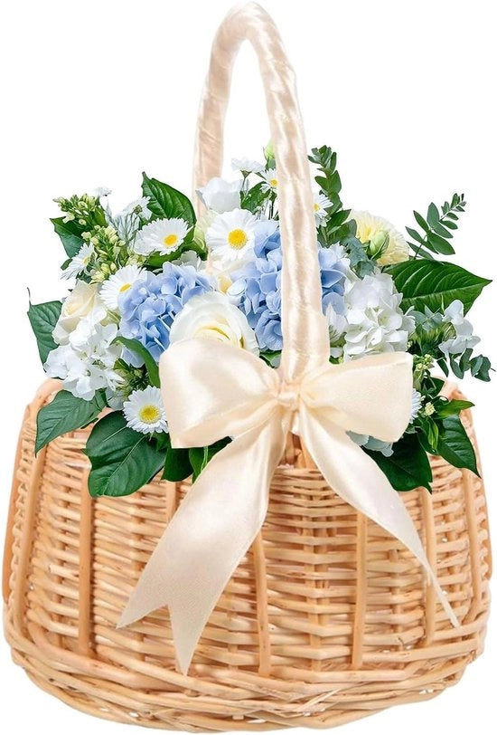 Borsa per Fiori con Maniglie e Fiocchi per Damigelle - Borsa intrecciata di Rami di Canne con Fiocchi per Cerimonia