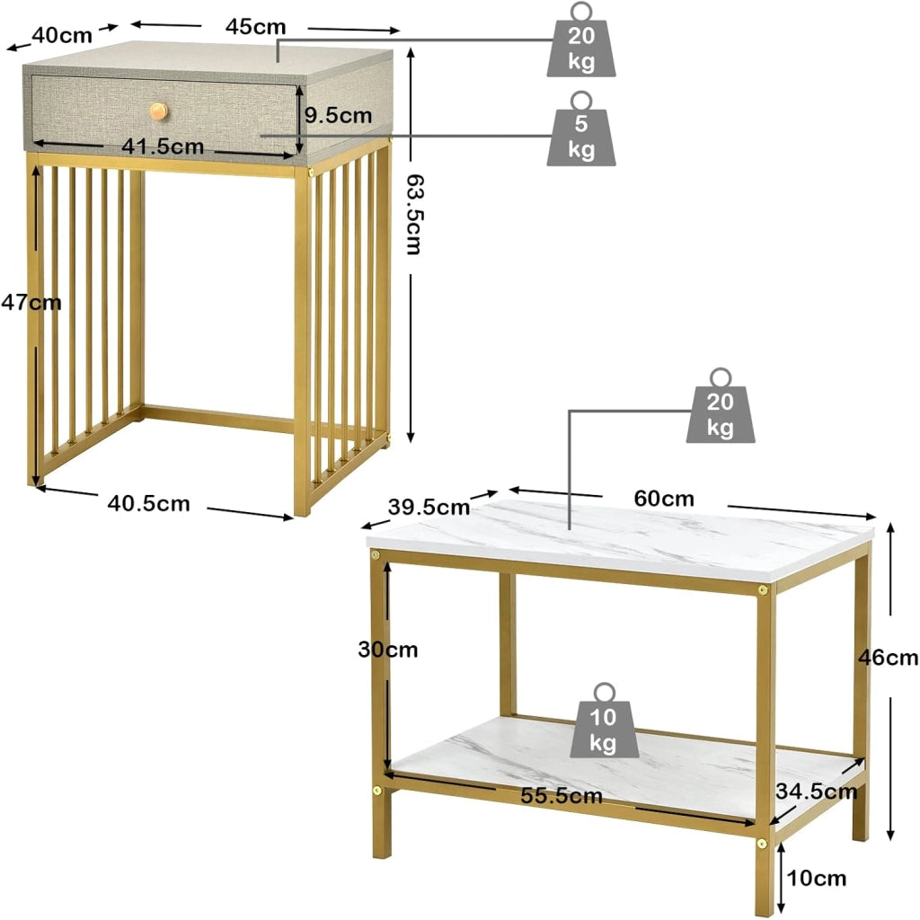 Set di 2 Tavolini con Cassetti, Tavolo da Soggiorno Annidabile, Comodino in Metallo Dorato, Tavolino da Caffè dal Design Elegente e Moderno, Ideale per Soggiorno, Camera da Letto
