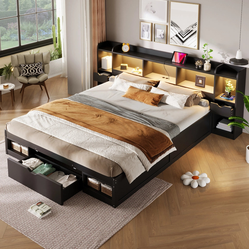 Letto contenitore 180x200 cm con LED, USB e 3 cassetti nero