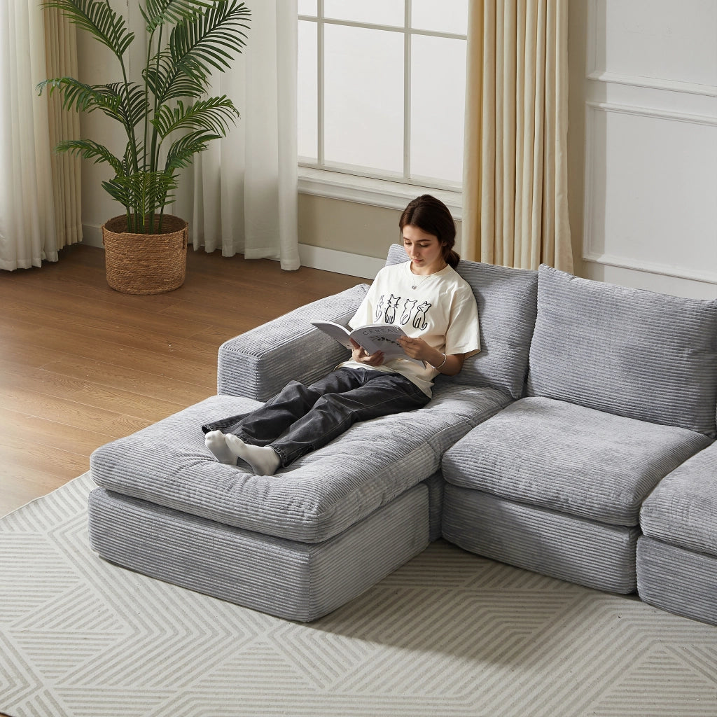 Divano Angolare con Chaise Longue in Velluto a Coste ¨C MINIMAL ¨C 3 Posti, Grigio