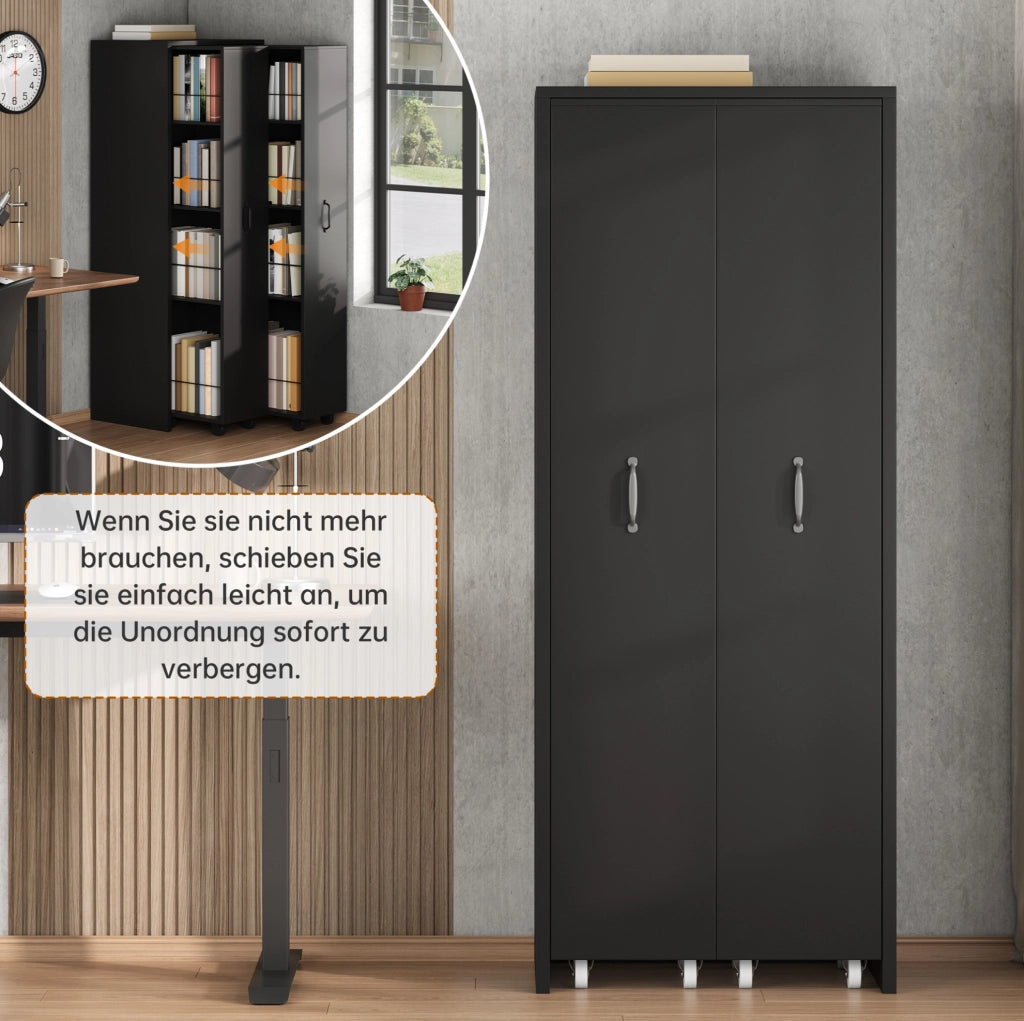 Libreria estraibile nera in MDF con ruote, 4 ripiani