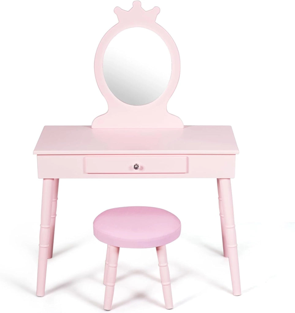 Toeletta Trucco per Bambina, Specchiera per Ragazzi in Legno Robusto, Postazione Trucco 2 in 1 Principessa con Cassetto, Sgabello e Specchio Staccabile, 70 x 34 x 100 cm (Rosa)