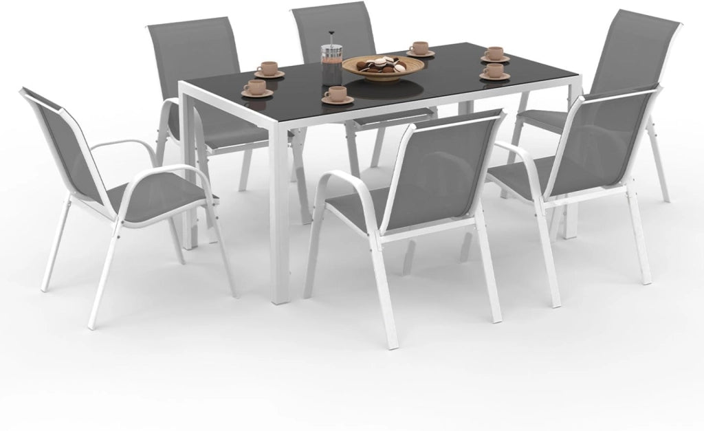 Set di mobili da Giardino Madrid Tavolo 150 CM e 6 sedie impilabili Bianco e Grigio